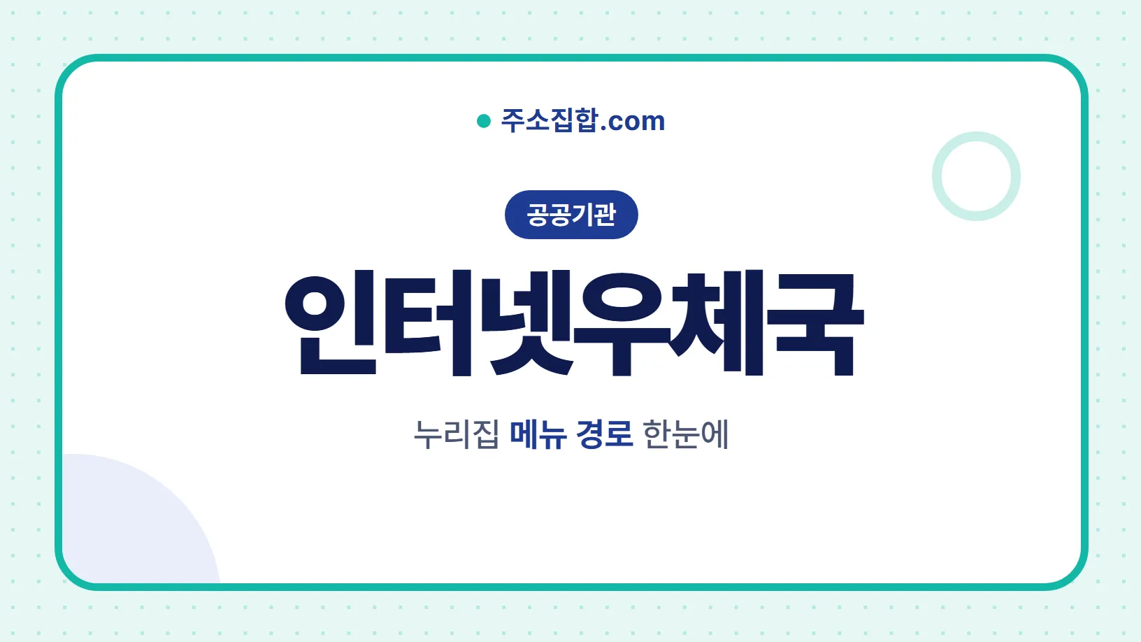 흰 바탕 둥근 카드 테두리 안에 공공기관 꼬리표와 인터넷우체국 글자, 누리집 메뉴 경로 한눈에 문구를 넣은 인터넷우체국 안내 이미지