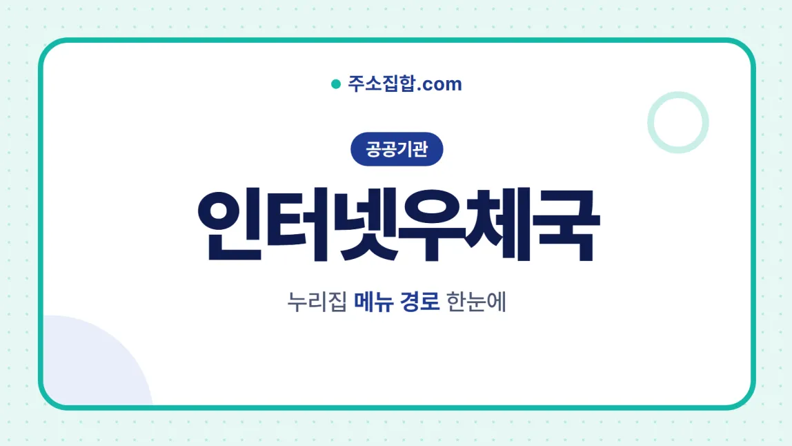 흰 바탕 둥근 카드 테두리 안에 공공기관 꼬리표와 인터넷우체국 글자, 누리집 메뉴 경로 한눈에 문구를 넣은 인터넷우체국 안내 이미지