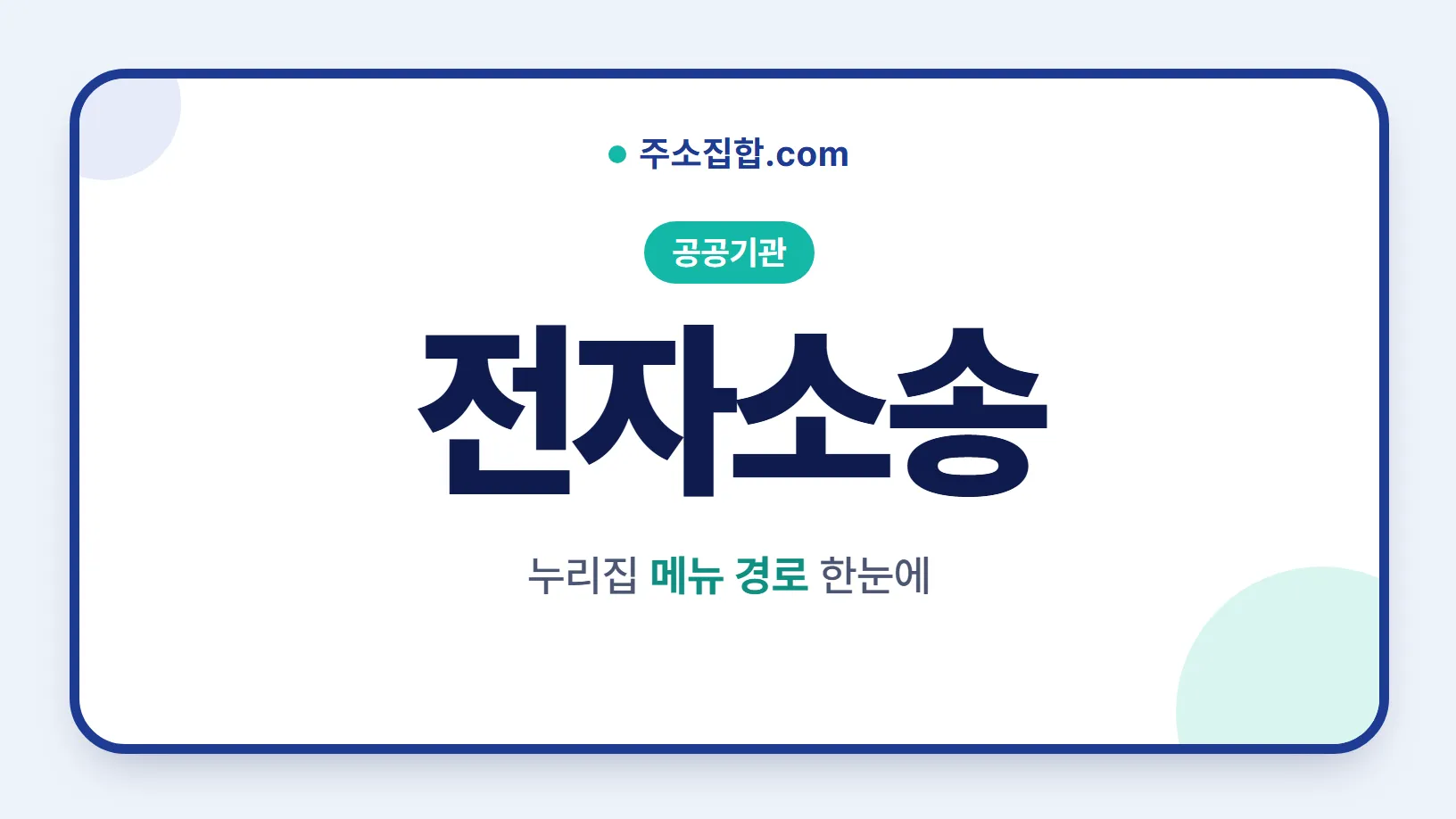 흰 바탕 둥근 카드 테두리 안에 공공기관 꼬리표와 전자소송 글자, 누리집 메뉴 경로 한눈에 문구를 넣은 전자소송 안내 이미지